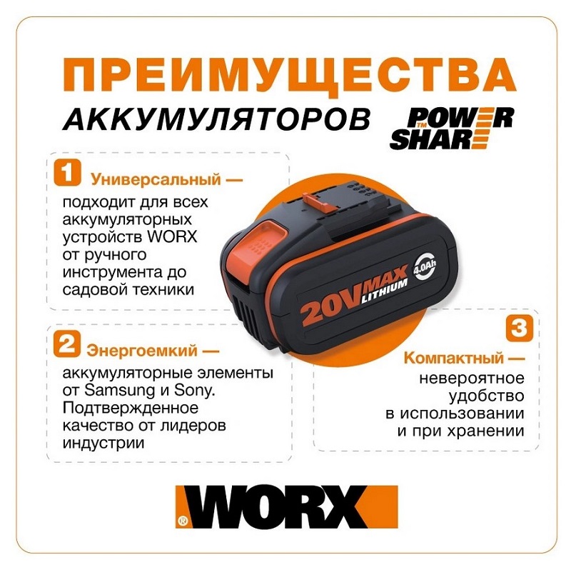 Преимущества батарей WORX 1